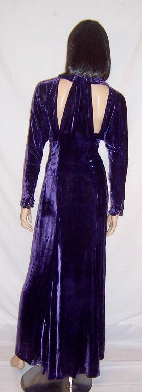 Stunning 1930's Violet Silk Velvet Evening Gown with Rhinestones For Sale 1