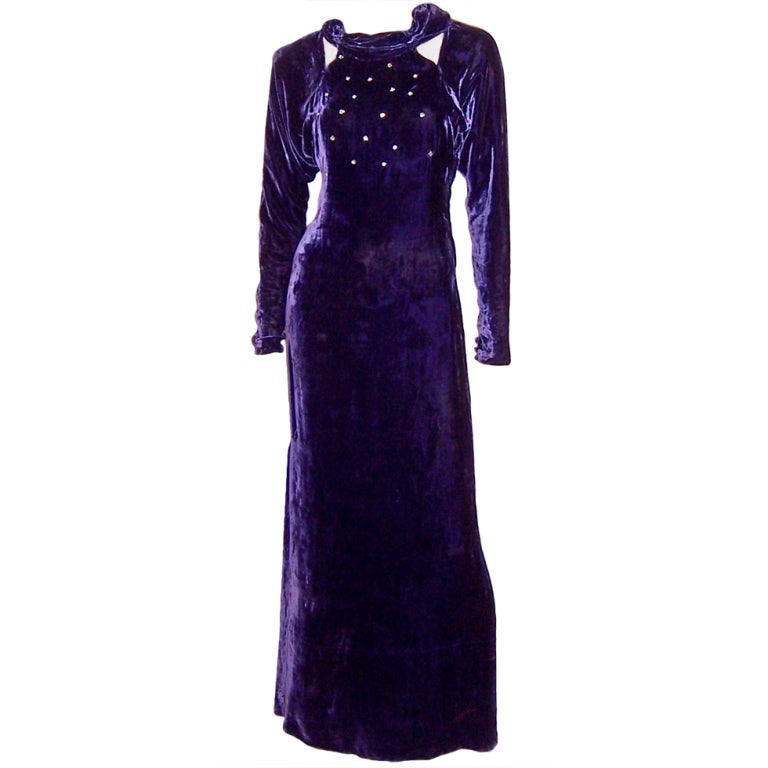 Stunning 1930's Violet Silk Velvet Evening Gown with Rhinestones For Sale
