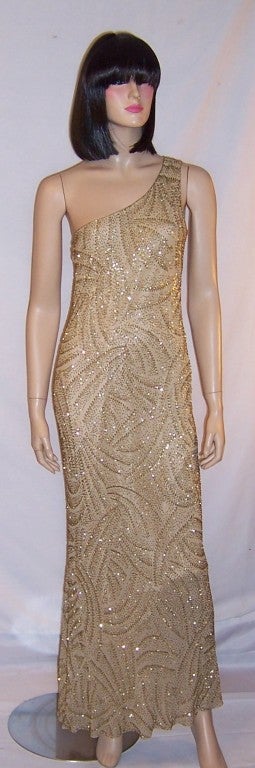 Sleek & Sultry Silk, Champagne-Colored Beaded Evening Gown