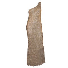 Sleek & Sultry Silk, Champagne-Colored Beaded Evening Gown