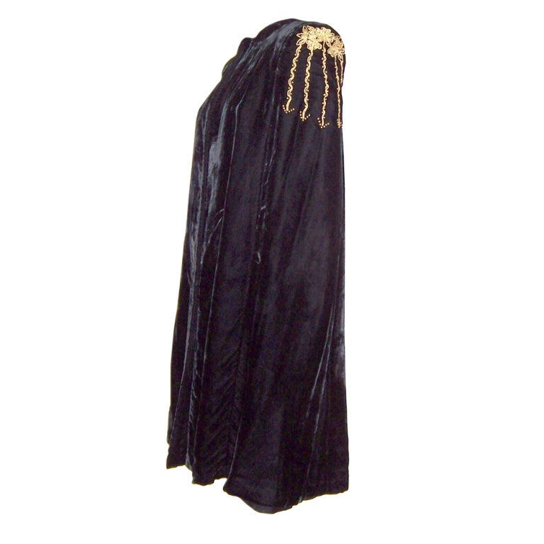 Art Deco Black Silk Velvet Cape with Gold Metallic Embroidery For Sale