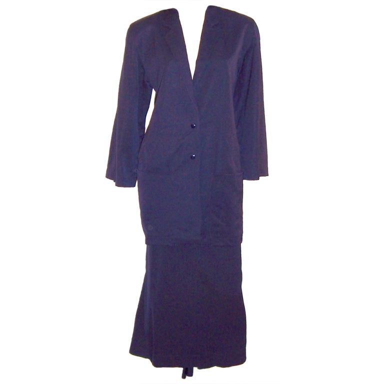 Early Claude Montana Midnight Navy Suit with Modified Train For Sale