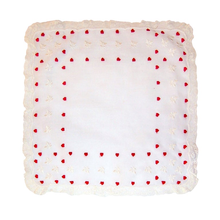 Red and White Valentine
s Day Hankie Trimmed in Lace For Sale