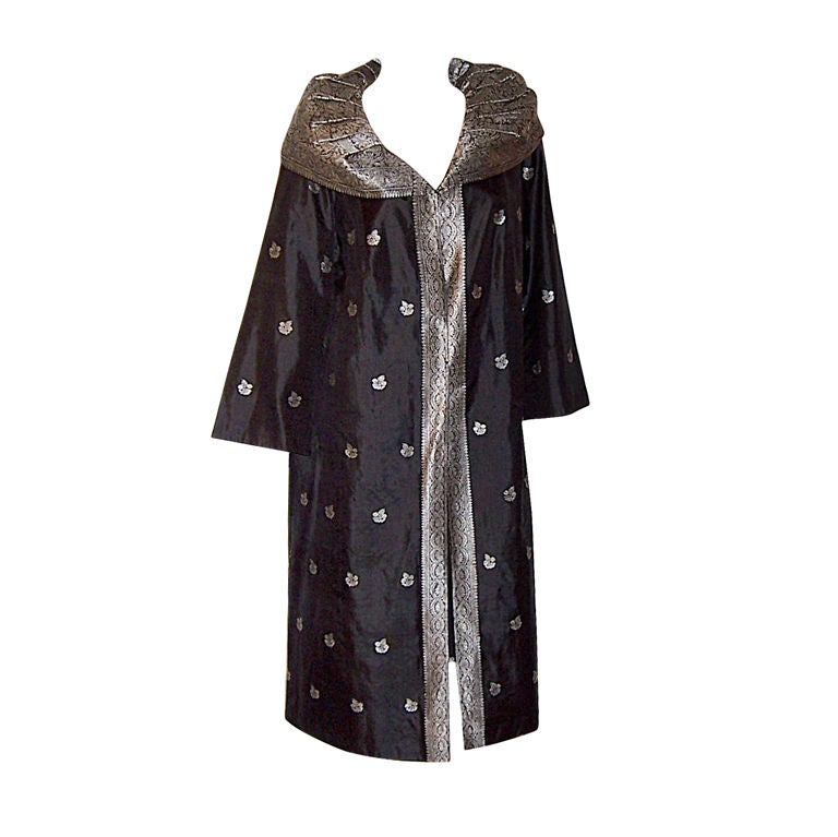 1960's Custom- Made,  Black and Silver, Silk Evening Coat For Sale