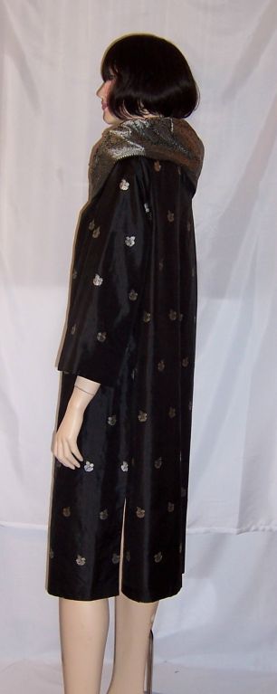 Women's 1960's Custom- Made,  Black and Silver, Silk Evening Coat For Sale