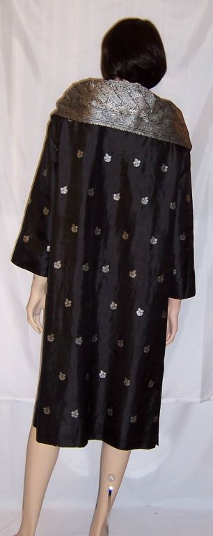 1960's Custom- Made,  Black and Silver, Silk Evening Coat For Sale 1