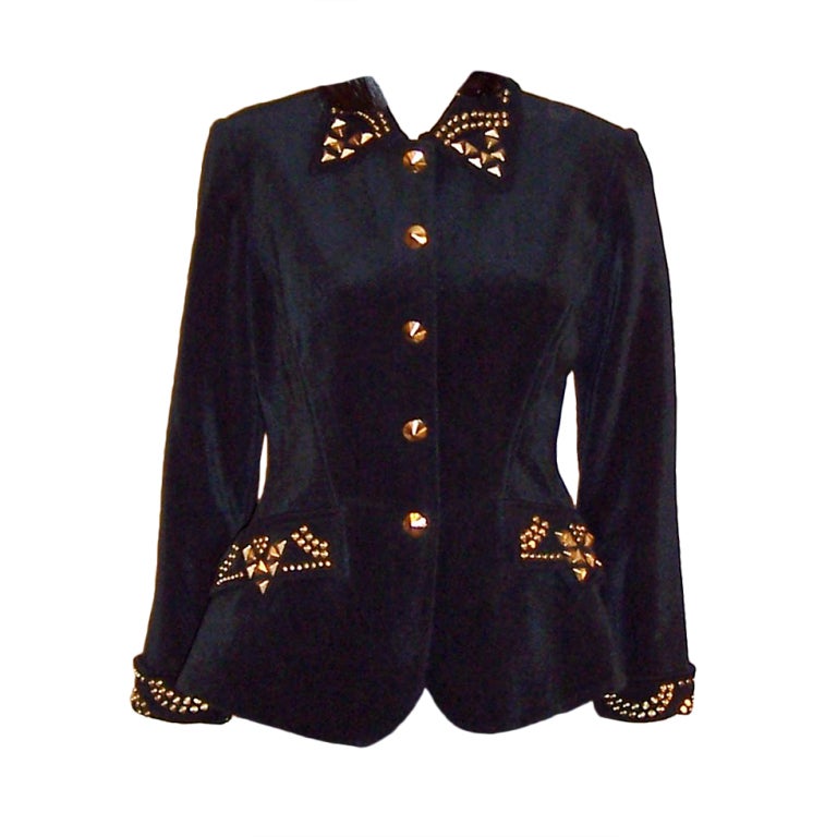 Tadashi Black Blazer with Brass Studs and Embellishments For Sale at ...
