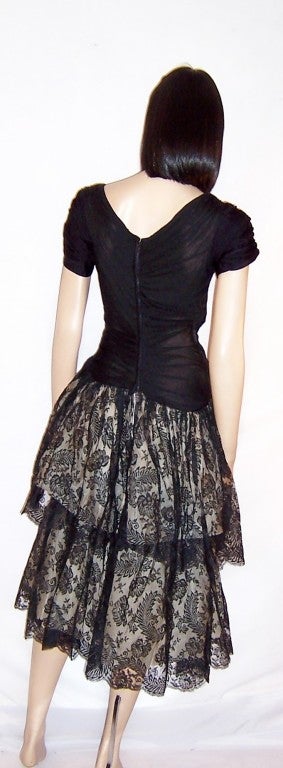 Women's 1950's Black Cocktail Dress with Ruching & Black Lace Skirt For Sale