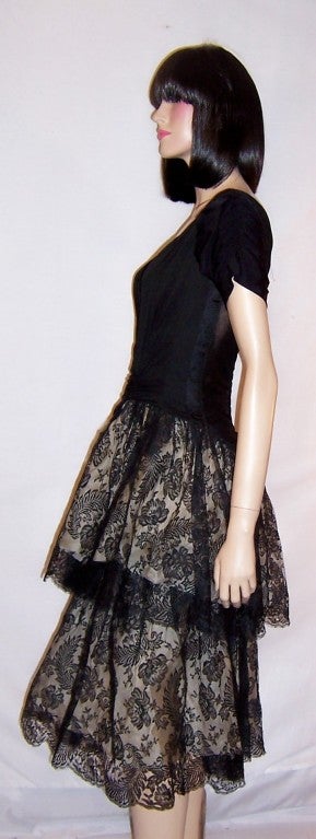 1950's Black Cocktail Dress with Ruching & Black Lace Skirt For Sale 1
