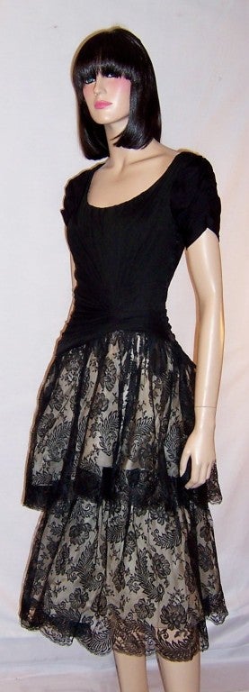 1950's Black Cocktail Dress with Ruching & Black Lace Skirt For Sale 2