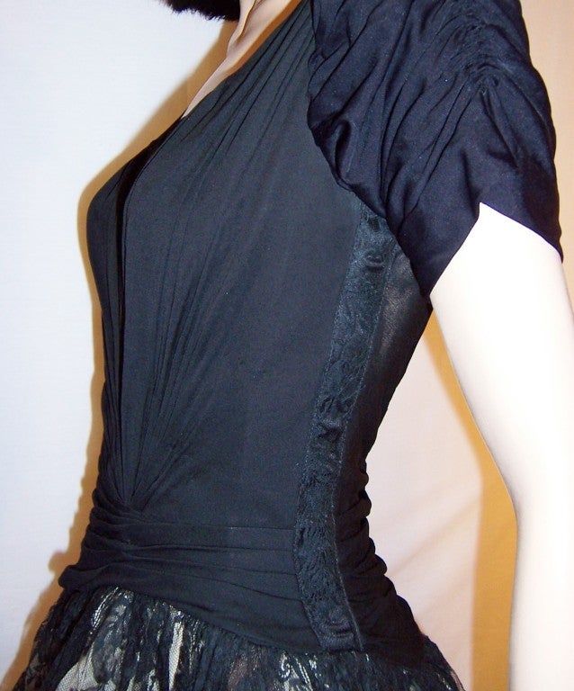 1950's Black Cocktail Dress with Ruching & Black Lace Skirt For Sale 4