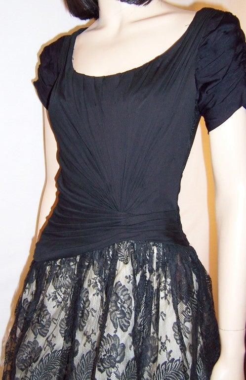 1950's Black Cocktail Dress with Ruching & Black Lace Skirt For Sale 5