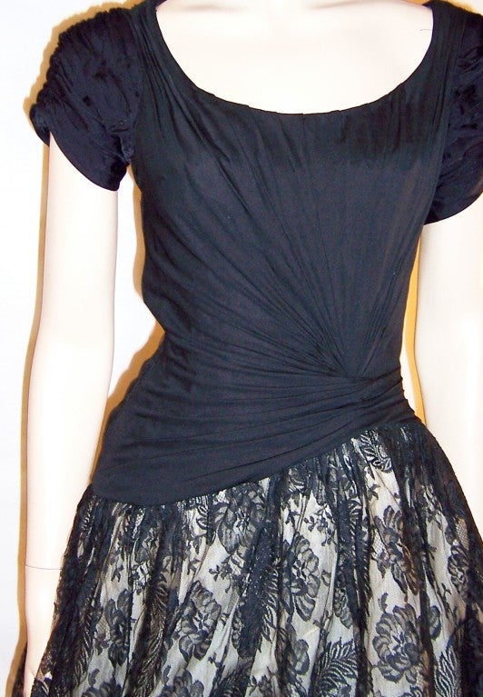 1950's Black Cocktail Dress with Ruching & Black Lace Skirt For Sale 6