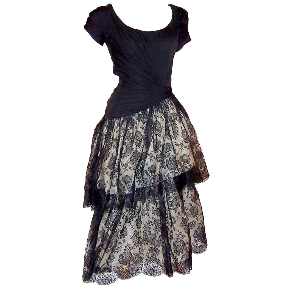 1950's Black Cocktail Dress with Ruching & Black Lace Skirt For Sale