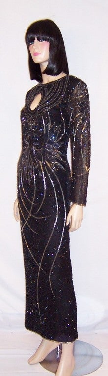 Black Beaded Long Gown w. Silver, Black, & Blue Glass Beadwork