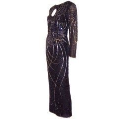Black Beaded Long Gown w. Silver, Black, & Blue Glass Beadwork
