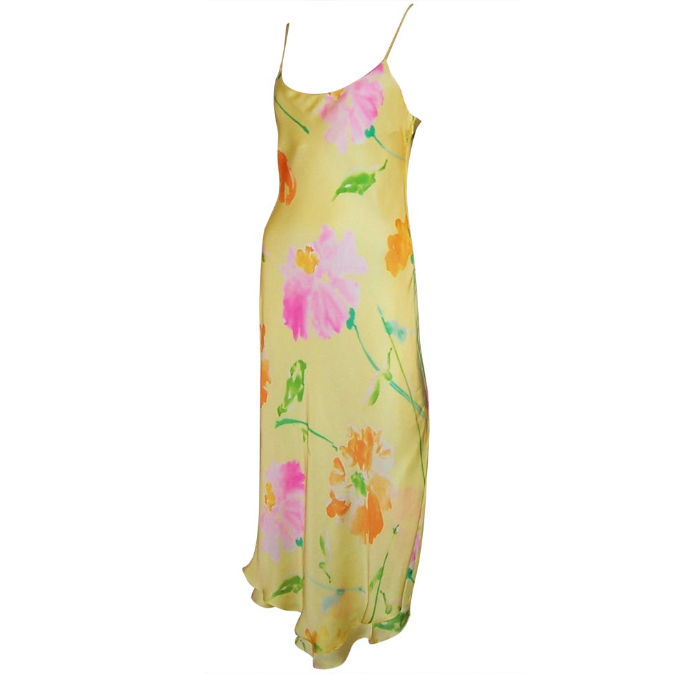 Floral Printed Yellow Silk Gown by Ralph Lauren-(New with Tags) For Sale