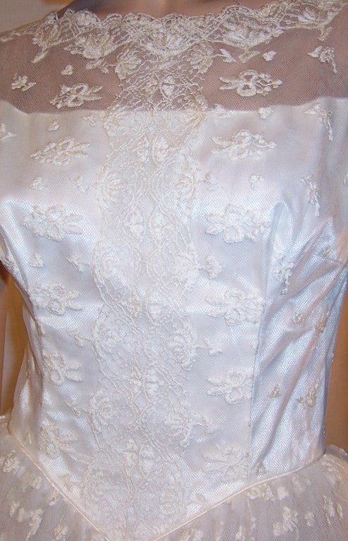 1950's White Lace & Embroidered Tulle Floor Length Gown For Sale 6