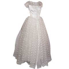 Vintage 1950's White Lace & Embroidered Tulle Floor Length Gown