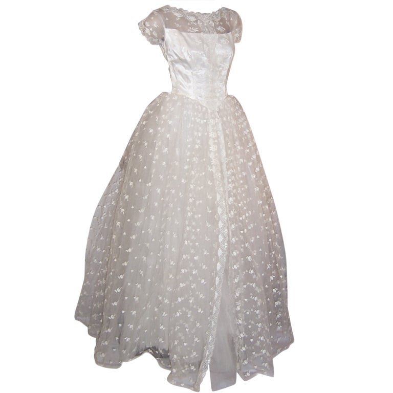 1950's White Lace & Embroidered Tulle Floor Length Gown For Sale