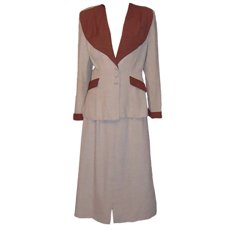 Dramatic & Fabulous 1940's Burnt Sienna & Light Tan Suit For Sale