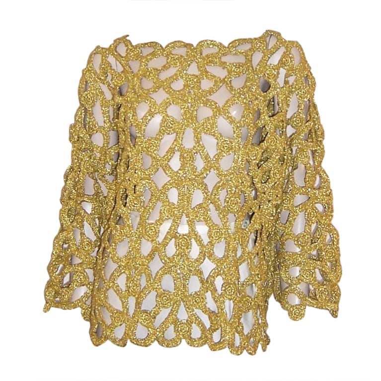 Michael Simon for Henri Bendel-Gold Metallic Crocheted Sweater For Sale