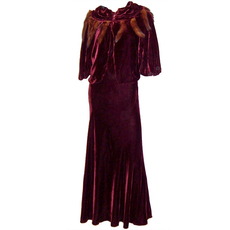 1930's Deep Burgundy Silk Velvet Gown & Matching Bolero For Sale