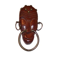 Antique Large Wooden Brooch with African Motif