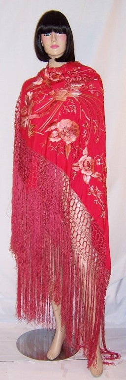Early 20th Century Red Silk Cantonese Embroidered Shawl