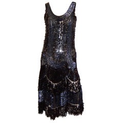 Mid-1920's Black Iridescent Sequined Flapper Dress on Black Mesh