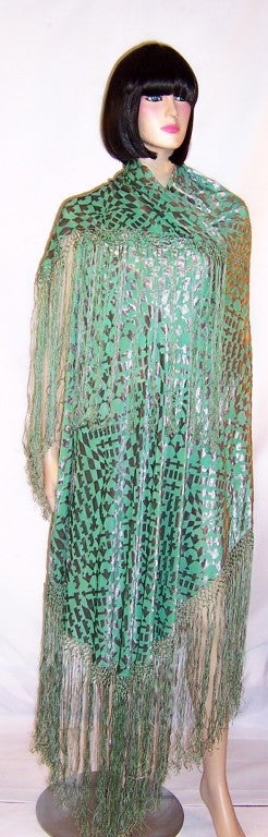 1920's Silver Cut-Silk Velvet & Medium Green Silk Shawl