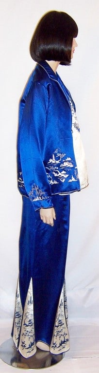 Art Deco Chinese Embroidered Ensemble in Cobalt Blue & White