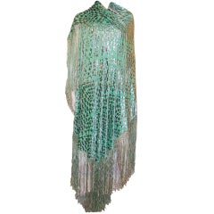 1920's Silver Cut-Silk Velvet & Medium Green Silk Shawl