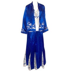 Antique Art Deco Chinese Embroidered Ensemble in Cobalt Blue & White