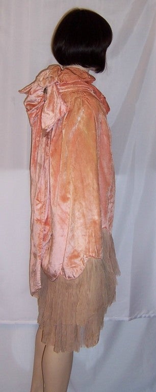 Women's 1920's Apricot Velvet Cape w. Pleated Chiffon Trim & Flowers