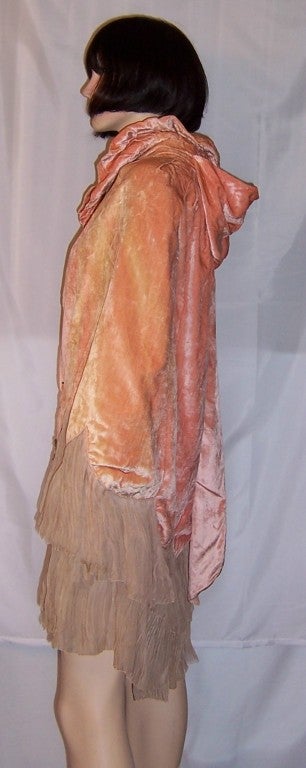 1920's Apricot Velvet Cape w. Pleated Chiffon Trim & Flowers 1