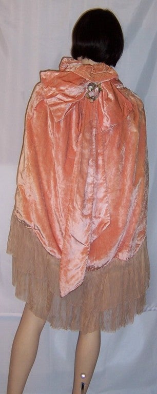 1920's Apricot Velvet Cape w. Pleated Chiffon Trim & Flowers 2