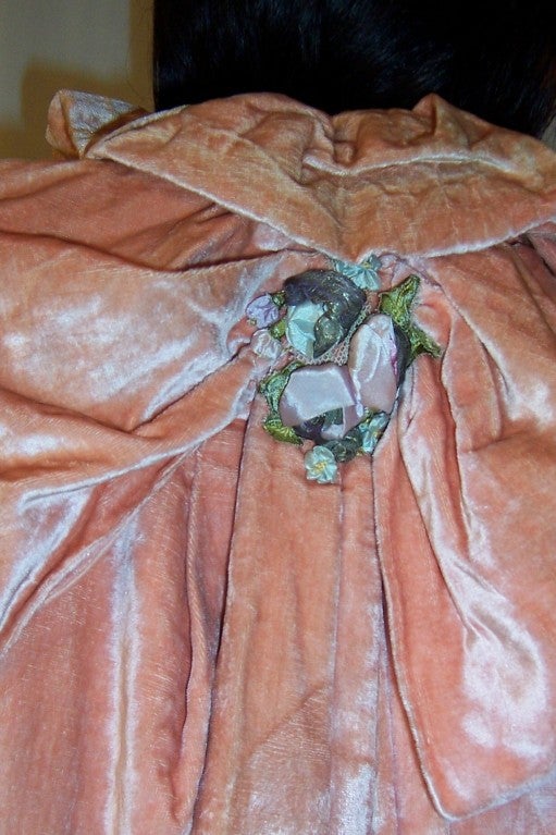 1920's Apricot Velvet Cape w. Pleated Chiffon Trim & Flowers 3