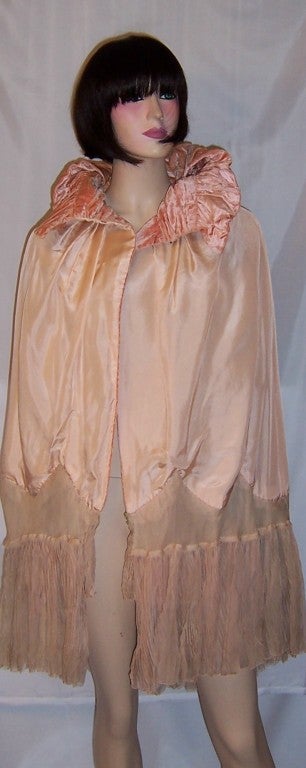 1920's Apricot Velvet Cape w. Pleated Chiffon Trim & Flowers 5