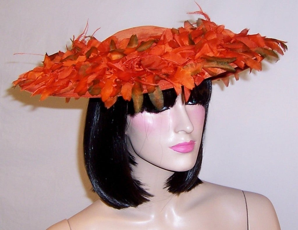 Women's Orange Velvet Cartwheel Hat Embellished with Silk Flowers For Sale