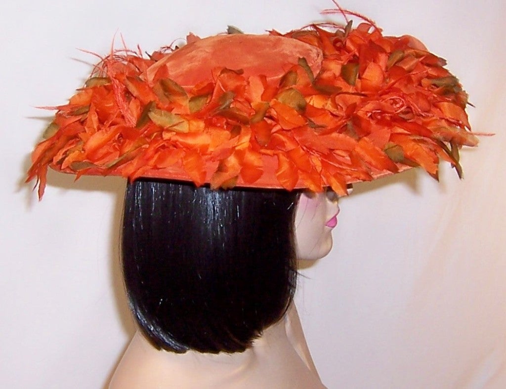 Orange Velvet Cartwheel Hat Embellished with Silk Flowers For Sale 1