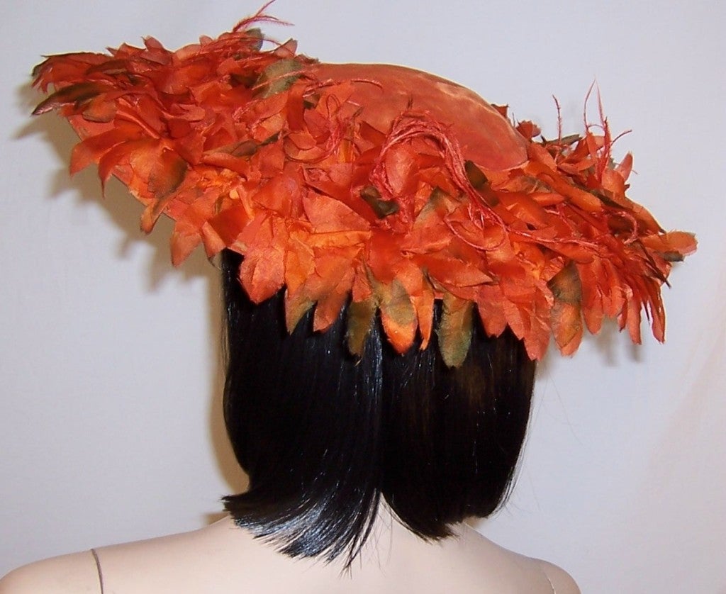 Orange Velvet Cartwheel Hat Embellished with Silk Flowers For Sale 2