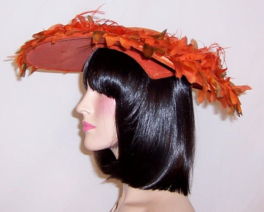 Orange Velvet Cartwheel Hat Embellished with Silk Flowers For Sale 4