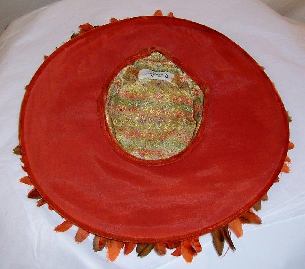 Orange Velvet Cartwheel Hat Embellished with Silk Flowers For Sale 5