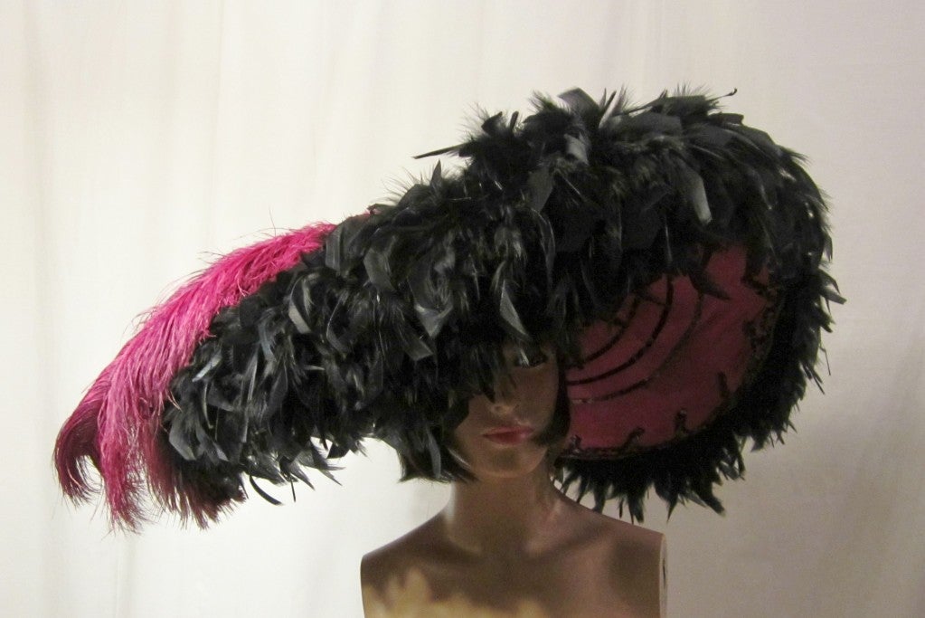 Magnificent Black & Magenta Feathered Theatrical Picture Hat