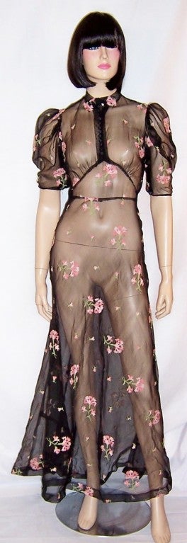 Exquisite & Fanciful Black Gown with Embroidered Carnations