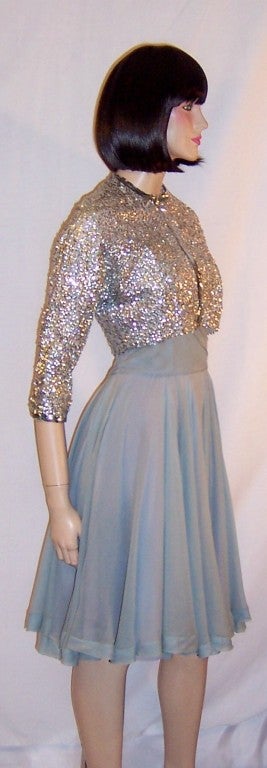 Women's Ceil Chapman Blue Chiffon Dress with Silver Sequined Bolero For Sale