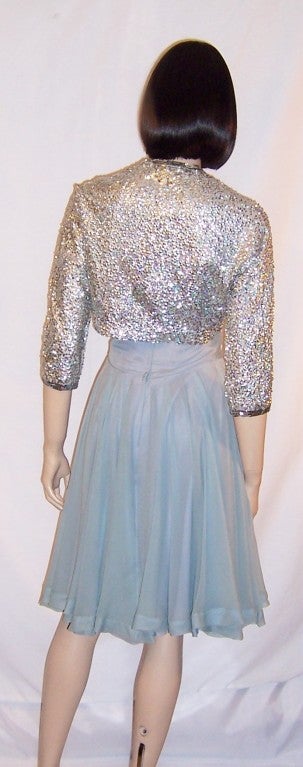 Ceil Chapman Blue Chiffon Dress with Silver Sequined Bolero For Sale 1
