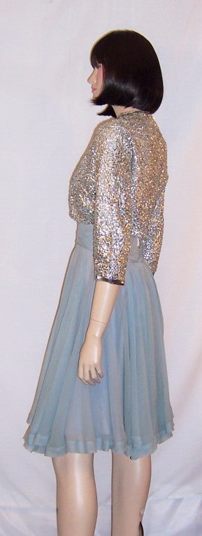 Ceil Chapman Blue Chiffon Dress with Silver Sequined Bolero For Sale 2