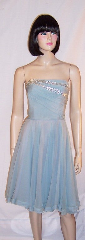Ceil Chapman Blue Chiffon Dress with Silver Sequined Bolero For Sale 3